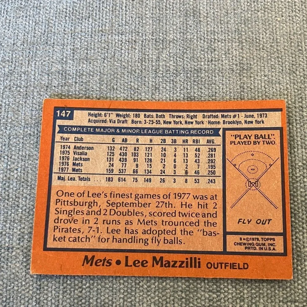 1978 Topps New York Mets Baseball Card Trading Card
